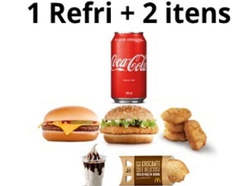 Leve 1 Refri lata + 2 acompanhamentos! Dentre eles:  (Cheeseburger,McChicken Junior,Mcnugget 4 unidades,Sundae e Torta).