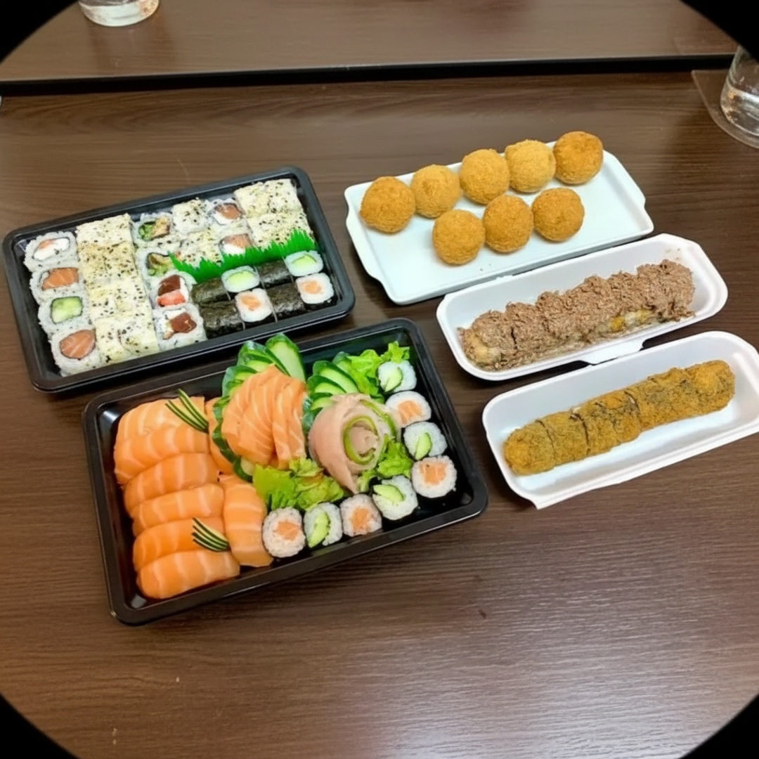 4 Sashimi salmão, 4 Sashimi tilápia, 8 Hot filadéfia, 8 Uramaki filadéfia, 8 Uramaki skin, 8 Niguiri de salmão, 8 Hossomaki de salmao, 8 Hossomaki de pepino, 8 Uramaki romeu e julieta, 8 Hot chocolate, 8 Bolinhos de salmão.