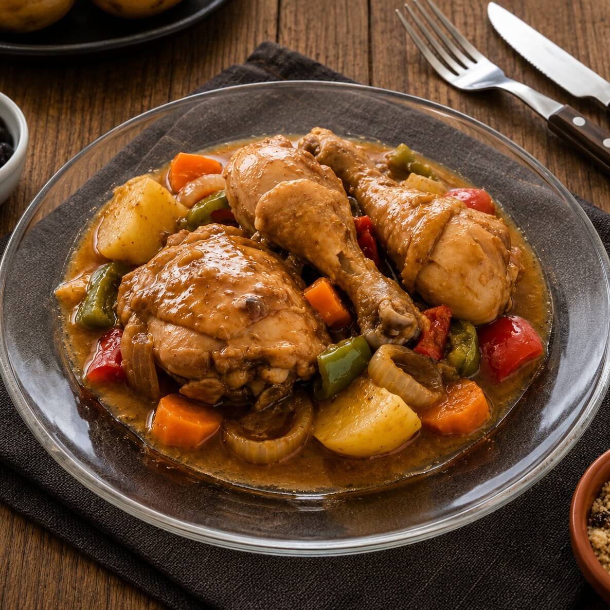 Frango cozido lentamente em um molho caseiro encorpado e cheio de sabor. A carne fica super macia e suculenta. Acompanha: feijao,Arroz, Macarrão ou baiao
e Farofa.