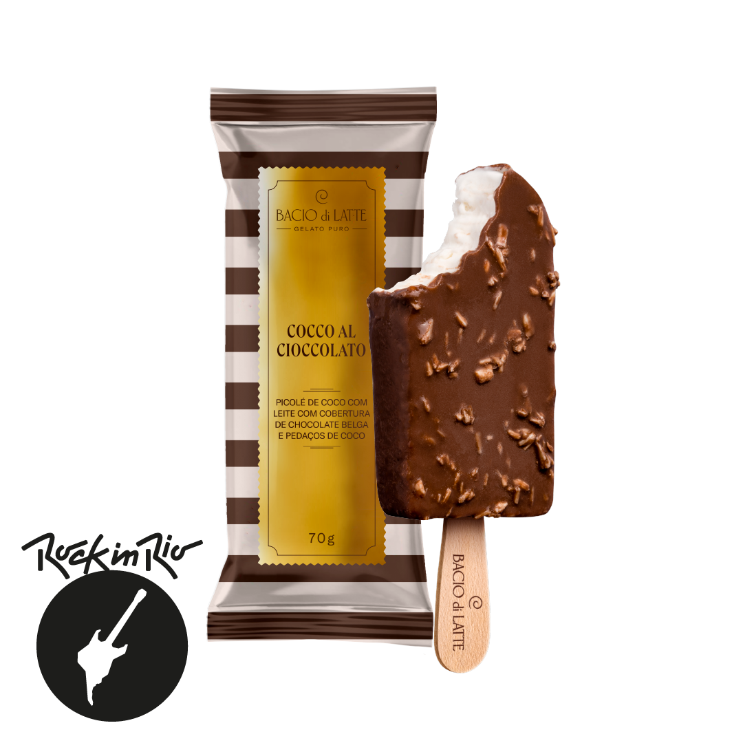 Picolé de coco com leite, com cobertura de chocolate belga e pedaços de coco