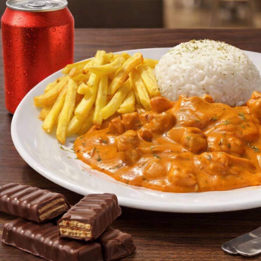 Combo Almoço! Marmita de Estrogonofe de frango + Coca lata de 350ml e Chocolate trento.
