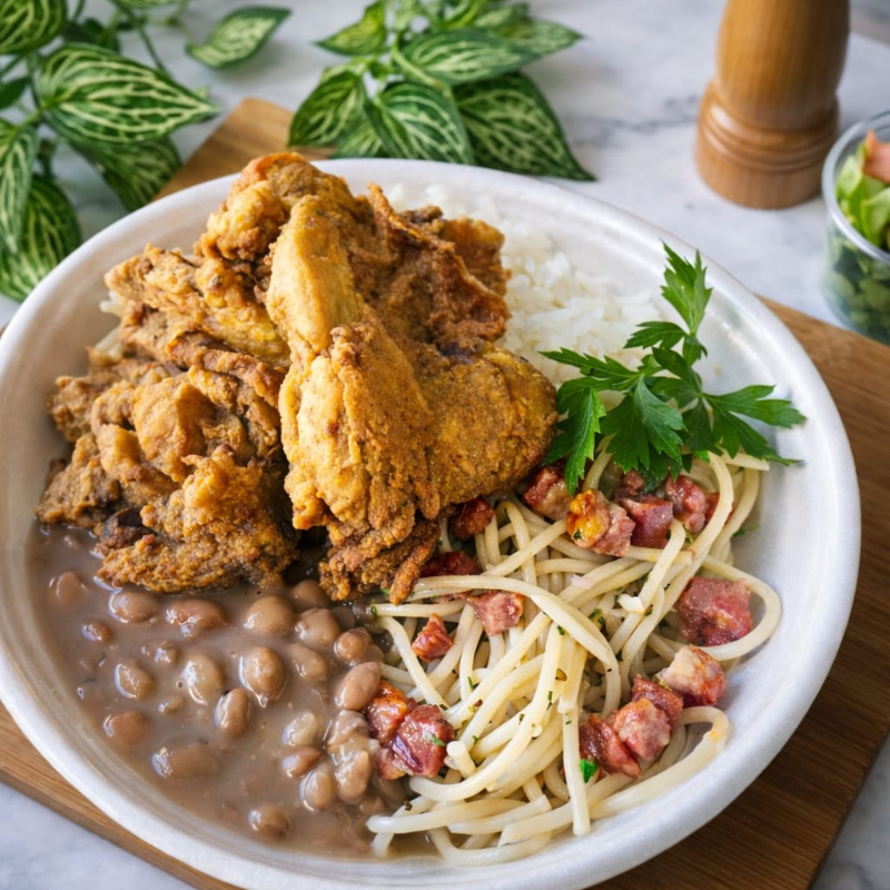 Nossa marmita acompanha um arroz bem fresquinho com um tempero caseiro, feijão com aquele caldo encorpado e com cheirinho de alho, macarrão do Dia com bem temperado e a carne de sua escolha. O simples bem feito. Caseiro e gostoso.l