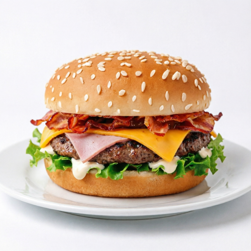 Loucos Nº2 ( Pão, 1 Carne de Hambúrguer, Bacon, Cheddar Fatiado, Presunto, Molho Especial e Salada )