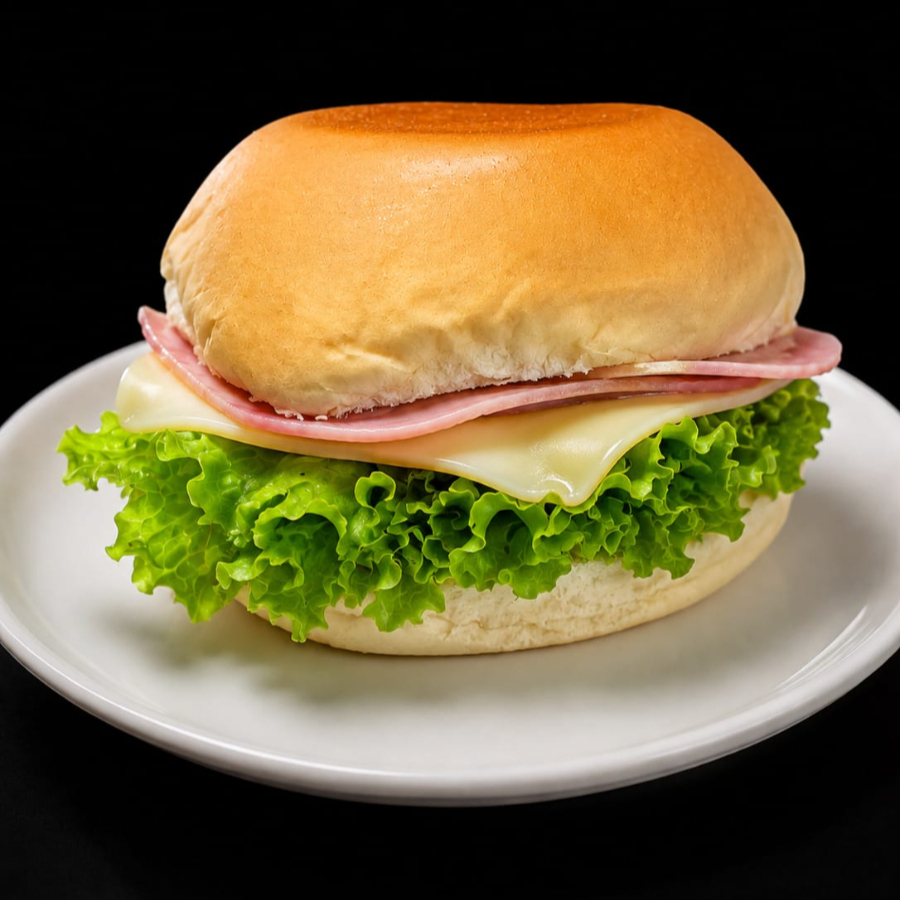 PÃO DE HAMBURGUER, ALFACE, TOMATE, QUEIJO MUSSARELA, PRESUNTO, HAMBURGUER E MAIONESE
