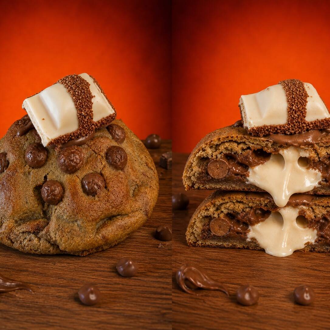 Massa de chocolate com gotas de chocolate ao leite e branco nobre, recheio cremoso de Kinder Bueno. Finalizado com Nutella e biscoito Kinder. (aprox. 70 g) 🍪❤️