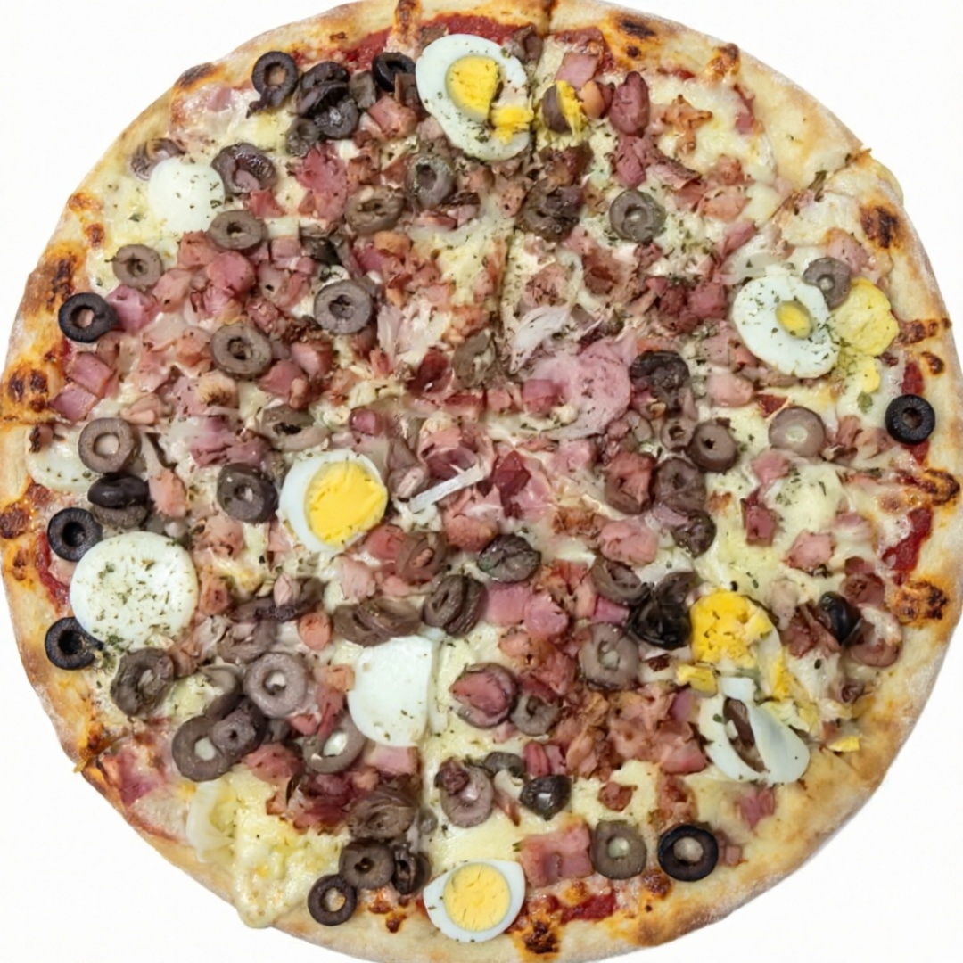 Mussarela, presunto, calabresa, bacon, ovo, azeitona e cebola.