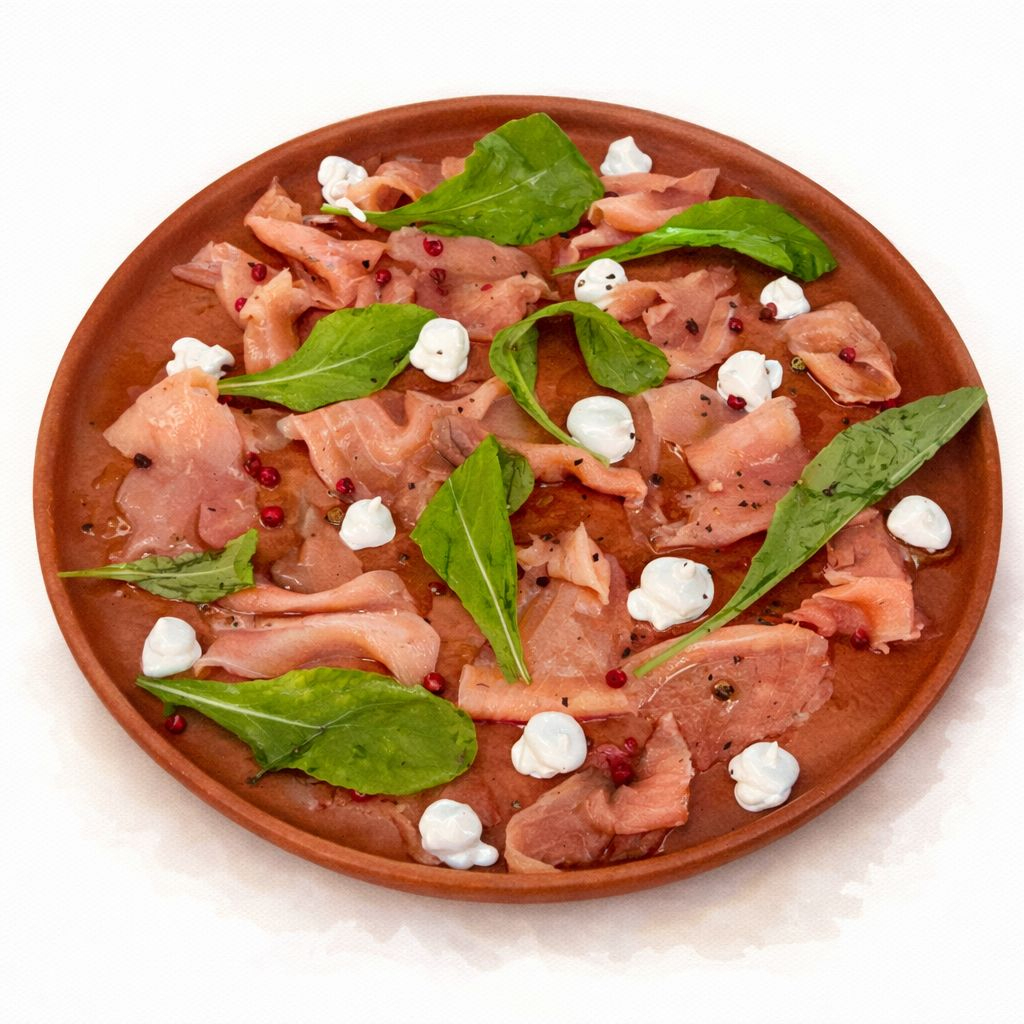 Salmão, molho de cream cheese com limão-siciliano, temperado com pimenta moída, pimenta-rosa, flor de sal e azeite.