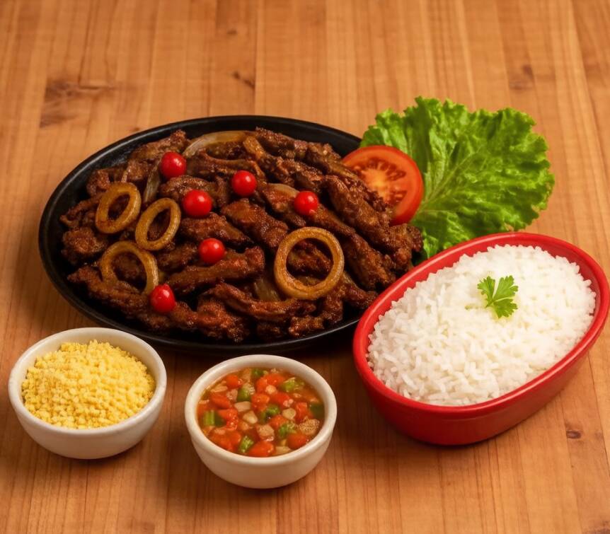 Contra Filé acebolado, acompanhado de uma porção grande de arroz soltinho, farofa caseira, vinagrete fresquinho.
Acompanha bebida grátis a sua escolha!