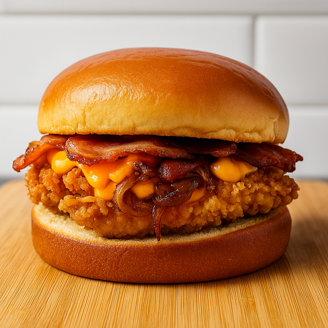 2 FILES DE FRANGO CROCANTE, CREME DE CHEDDAR, FATIAS DE BACON E CEBOLA CARAMELIZADA NO PÃO DE BRIOCHE