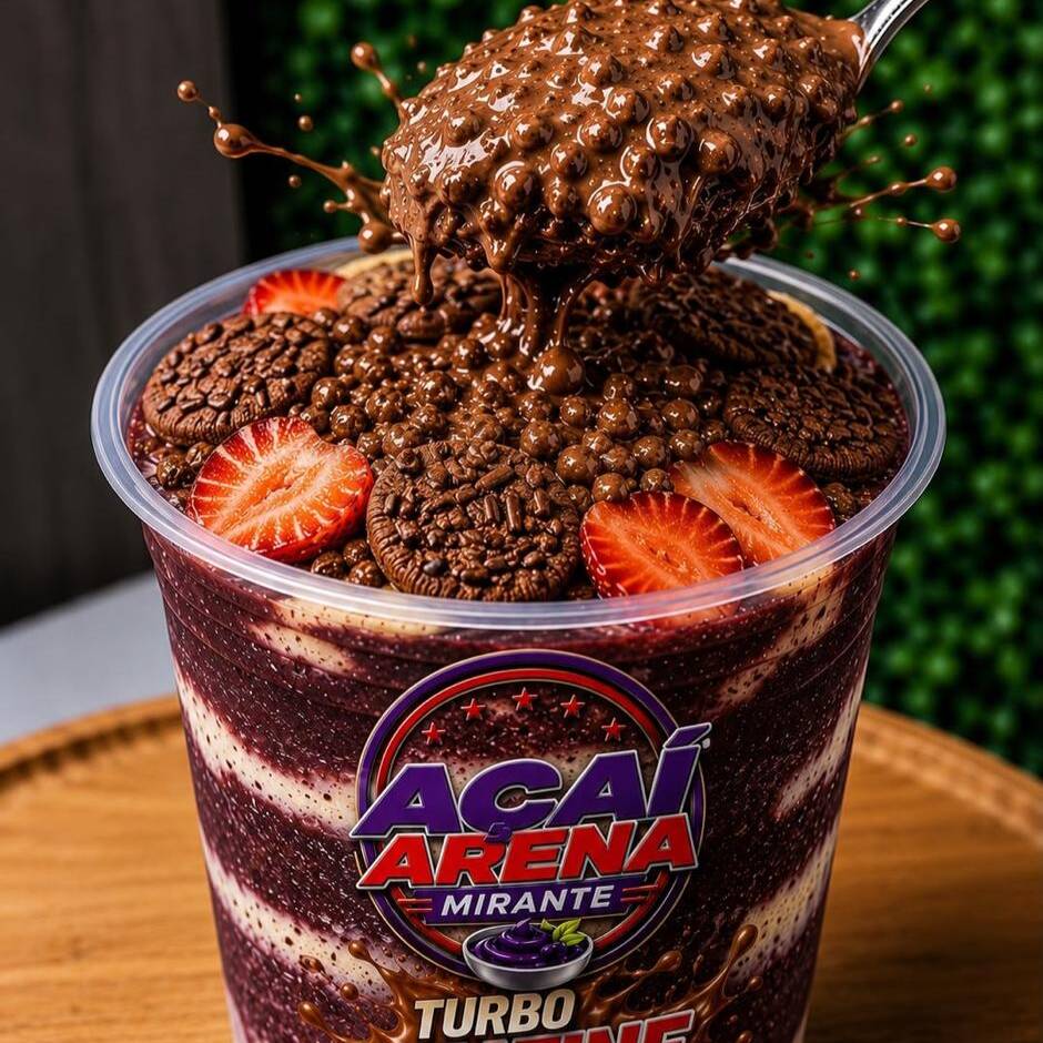 Creme de açaí, creme ovomaltine, Ovomaltine, Morango, leite em pó e leite Cond.
Em camadas!