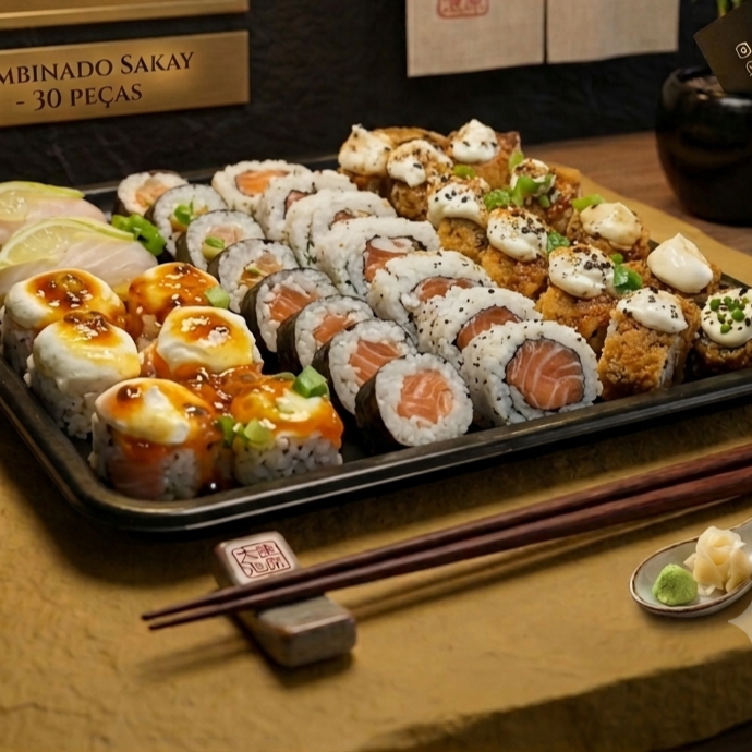 Combinado 20 sushis 10 hot 1 ceviche a moda da casa