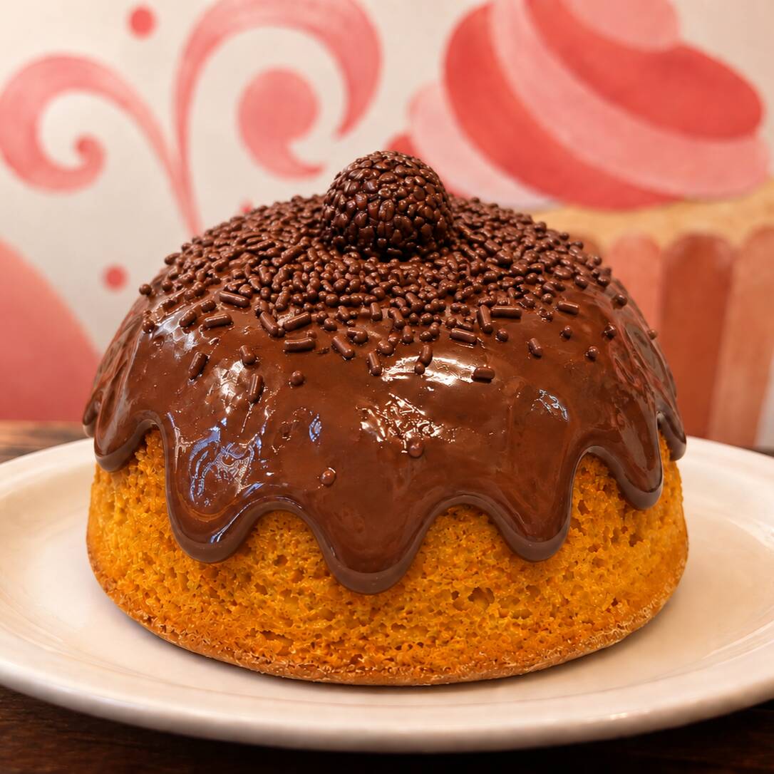Uma combinação clássica que nunca decepciona! Nosso Bolo Vulcãozinho de Cenoura é feito com uma massa de cenoura extremamente macia e saborosa, coberta com um brigadeiro gourmet cremoso e finalizada com granulado para dar aquele toque especial. Este bolo é perfeito para compartilhar entre duas pessoas ou para se deliciar sozinho. Uma escolha ideal para quem ama o equilíbrio entre a leveza da cenoura e a riqueza do chocolate.