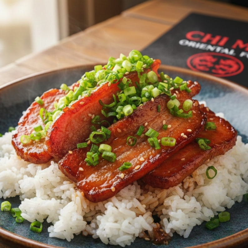 Uma explosão de sabores orientais na sua mesa. Nossa panceta premium é cozida lentamente em fogo baixo até atingir uma maciez irresistível que desmancha na boca. Envolvida em um exclusivo molho agridoce levemente apimentado, o prato traz o equilíbrio perfeito entre o calor da pimenta e o toque adocicado. Finalizada com cebolinha fresca para um toque de crocância e frescor. Tudo servido de forma prática em nossa box especial