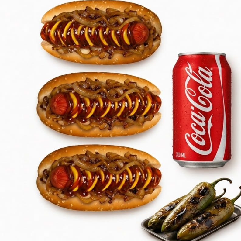 3 Hotdogs Clasicos Jumbo Salchicha de Res+CocaCola