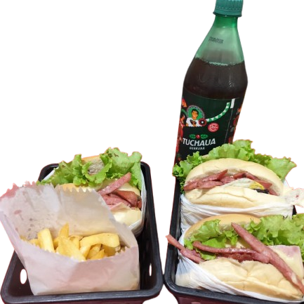 3 hambúrgueres especiais, 1 batata frita, 1 refrigerante de 1L