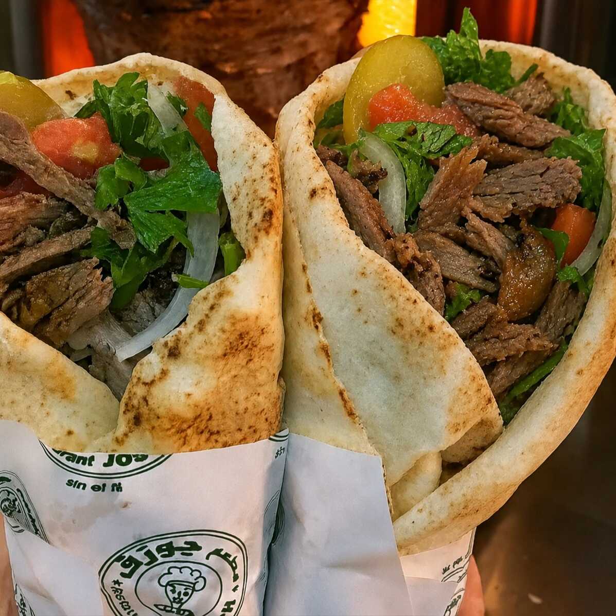 Dois shawarmas de carne no pão sírio, preparados com creme de alho, alface, tomate, cebola e batata frita dentro do lanche.
