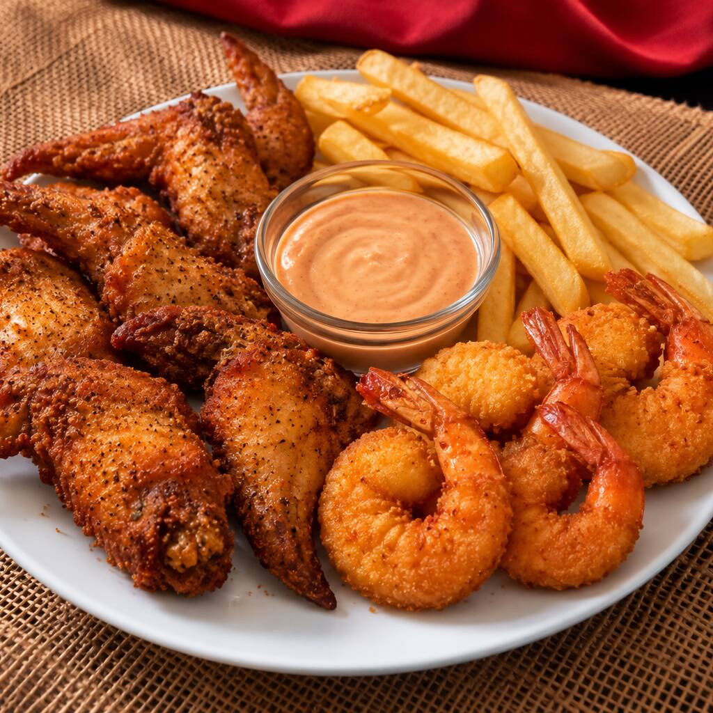 Alas de Pollo con Camarones Empanizados