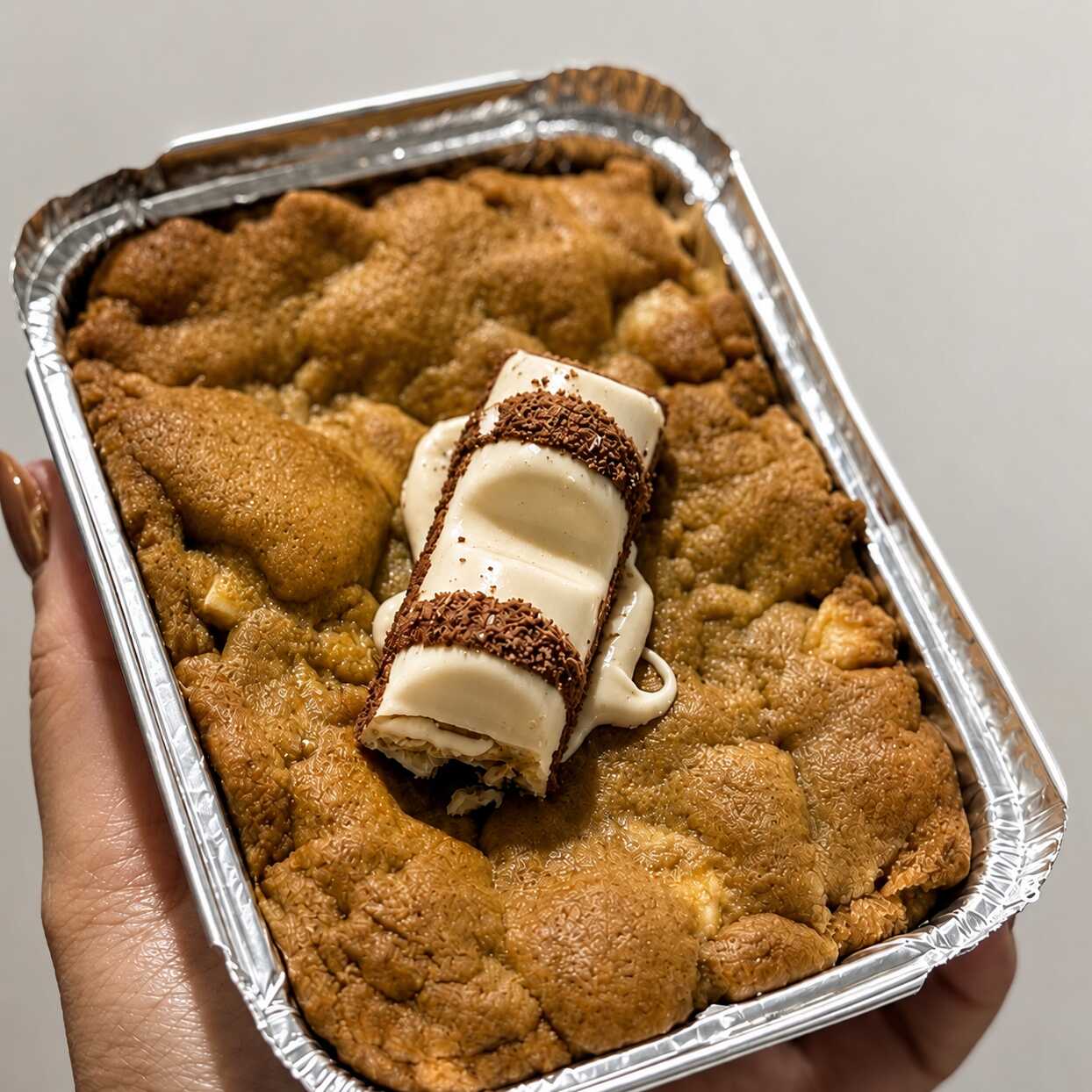 Deliciosa torta cookie com massa tradicional, recheio de bueno(aquele igual do kinder bueno) e finalizado com gotas mistas de chocolate branco e ao leite e um kinderzinho em cima.