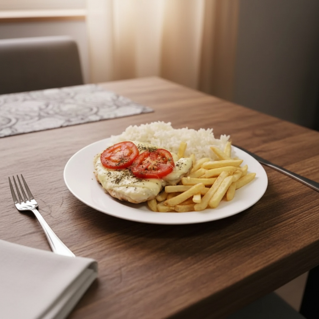 Acompanha: Arroz, feijão, macarrão alho e oleo, frango empanado coberto com queijo, molho de tomate, tomate e orégano