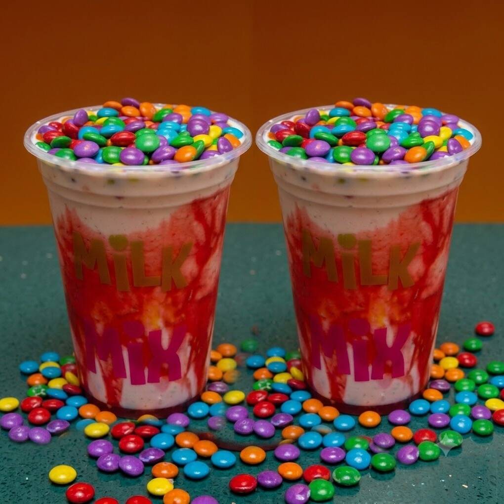 2 milk shakes podendo ser de chocolate, baunilha ou morango.