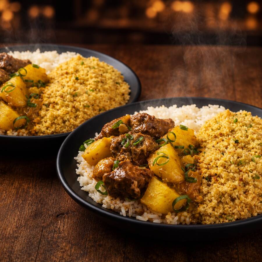 Duas porções individuais de carne cozida macia, acompanhadas de batatas chinesas, arroz soltinho e farofa caseira. Um combo caseiro e cheio de sabor para compartilhar! - 10% Off