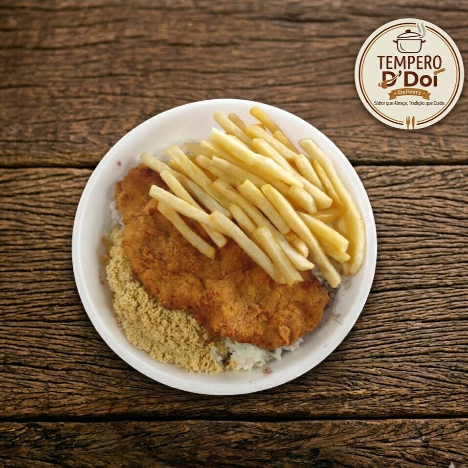 Frango Empanado e fritas. Acompanha arroz, feijão, macarrão e farofa. Marmita bem servida com Aprox: 750g.