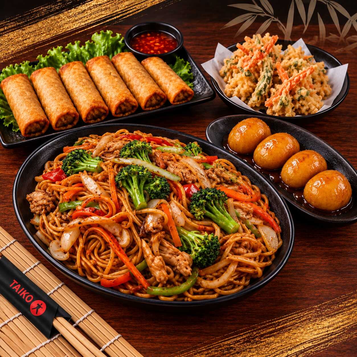 O queridinho da família! 1,4 kg de Yakisoba de Frango + 6 Rolinhos Primavera crocantes + 360 g de Tempurá de Legumes + 4 Bananas Carameladas. Uma refeição completa, farta e perfeita para compartilhar. Serve 4 pessoas