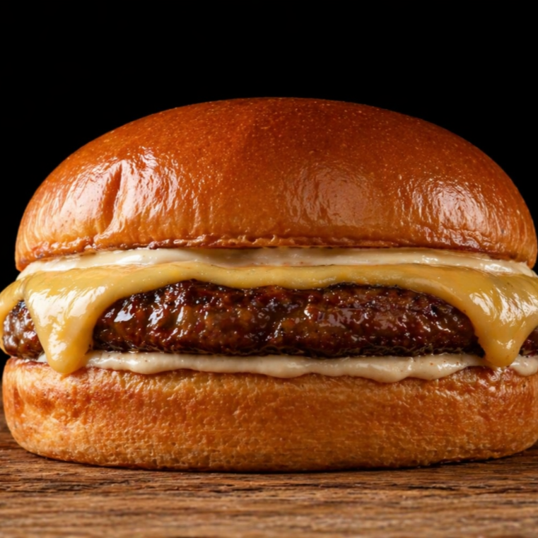Pao de brioche, Hamburguer 110g artesanal, queijo e maionese grill.