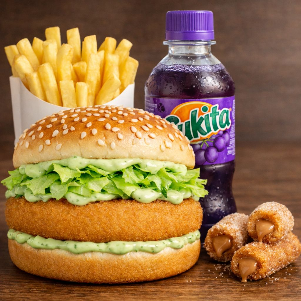 Burger de frango empanado crocante com molho especial brasa e alface, no pão com gergelim. Acompanha batata frita, Sukita Uva 200ml e 3 mini churros recheados com doce de leite. Combo completo e bem servido.