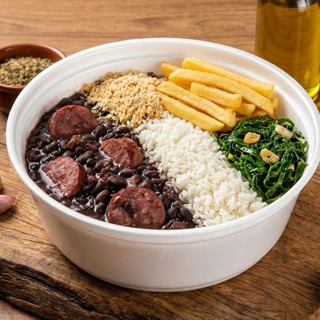 Feijoada contendo Paleta, Pernil, Bacon e Calabresa. Arroz, Fritas, Farofa e Couve Refogada.