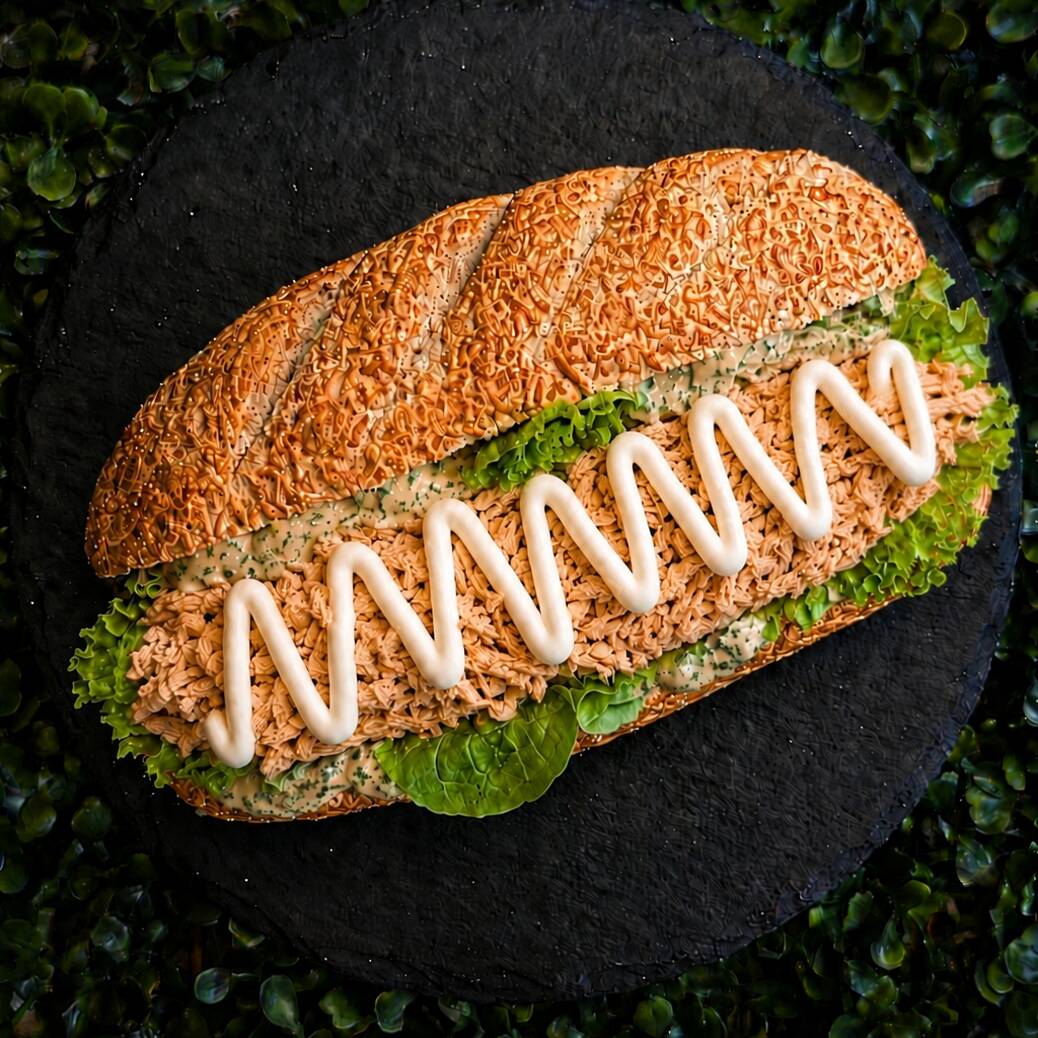 Baguete recheada de frango desfiado c/ Cream Cheese e complementos à sua escolha.