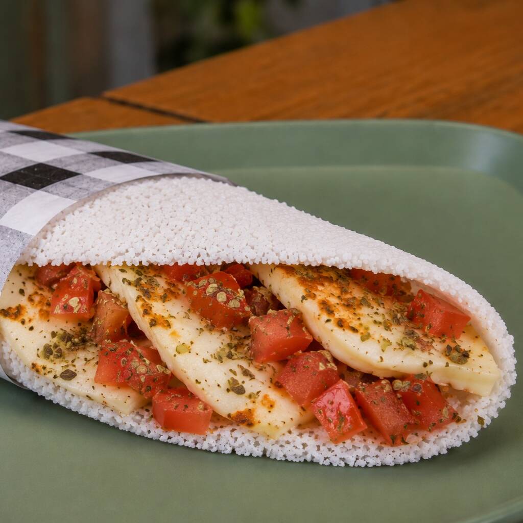 Rendada com queijo coalho, tomate e orégano.