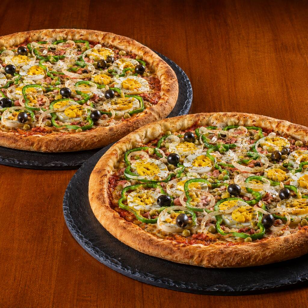 O combo perfeito para a família. 2 Pizzas Grandes de 35cm (8 fatias cada) no sabor de uma das que mais vendem por aqui...
Duas pizzas de portuguesa - Molho de tomate artesanal, queijo mussarela, presunto, ovo, rodelas de pimentão, cebola, ervilha, azeitona e orégano.