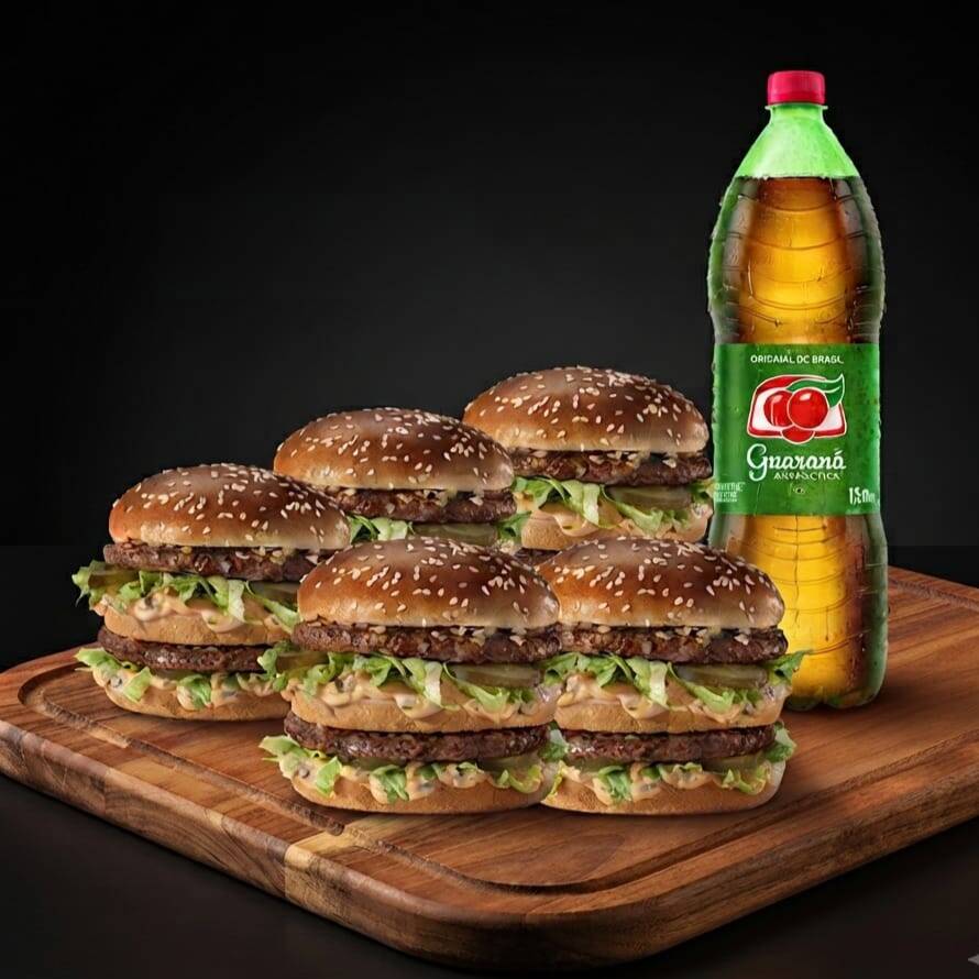 5 bigs + refri 1,5 ( burguer industrial molho especial alface e pao de 2 cortes)