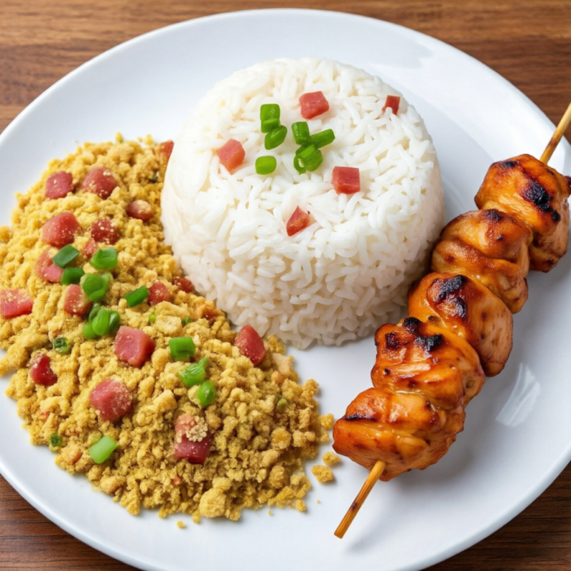 Espeto de Frango, Arroz, Farofa e Vinagrete