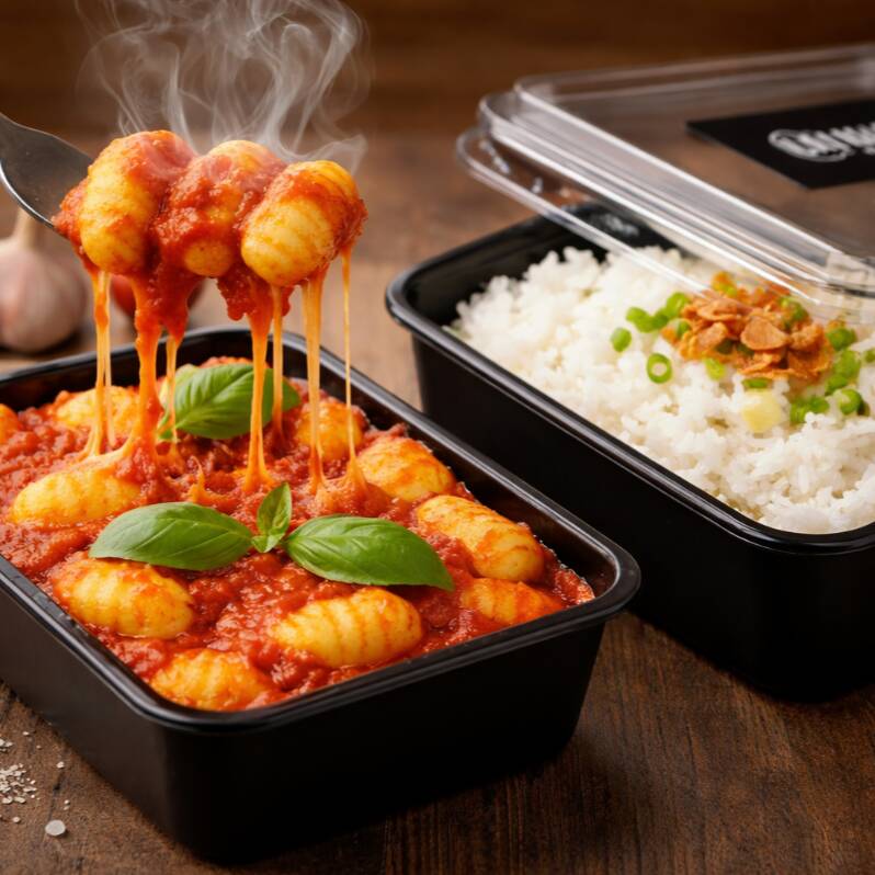 Nhoque artesanal com molho caseiro + arroz soltinho. Refeição completa, saborosa e com ótimo custo-benefício. Perfeito para o almoço do dia a dia.