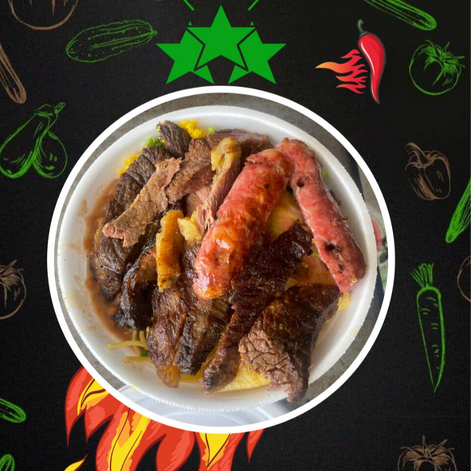 Uma marmita pra quem gosta de bastante salada. Acompnha :Arroz, feijão de caldo, macarrão , farofinha, saladas variadas e churrasco misto. (Marmita ( P)