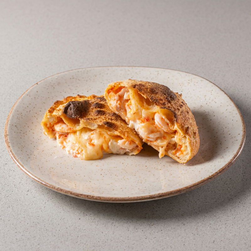 Calzone recheado com camarão, cream cheese e queijo mussarela.
