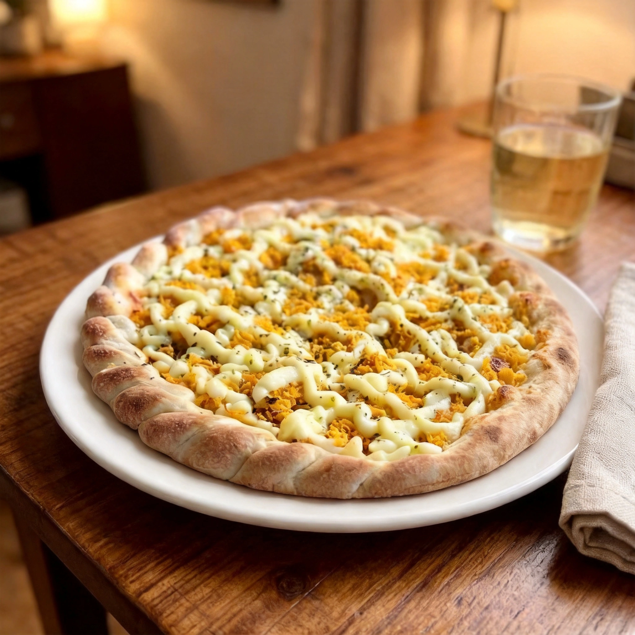 Pizza de 8 pedaços: base de molho de tomate caseiro, frango desfiado com cobertura de requeijão e azeitonas!