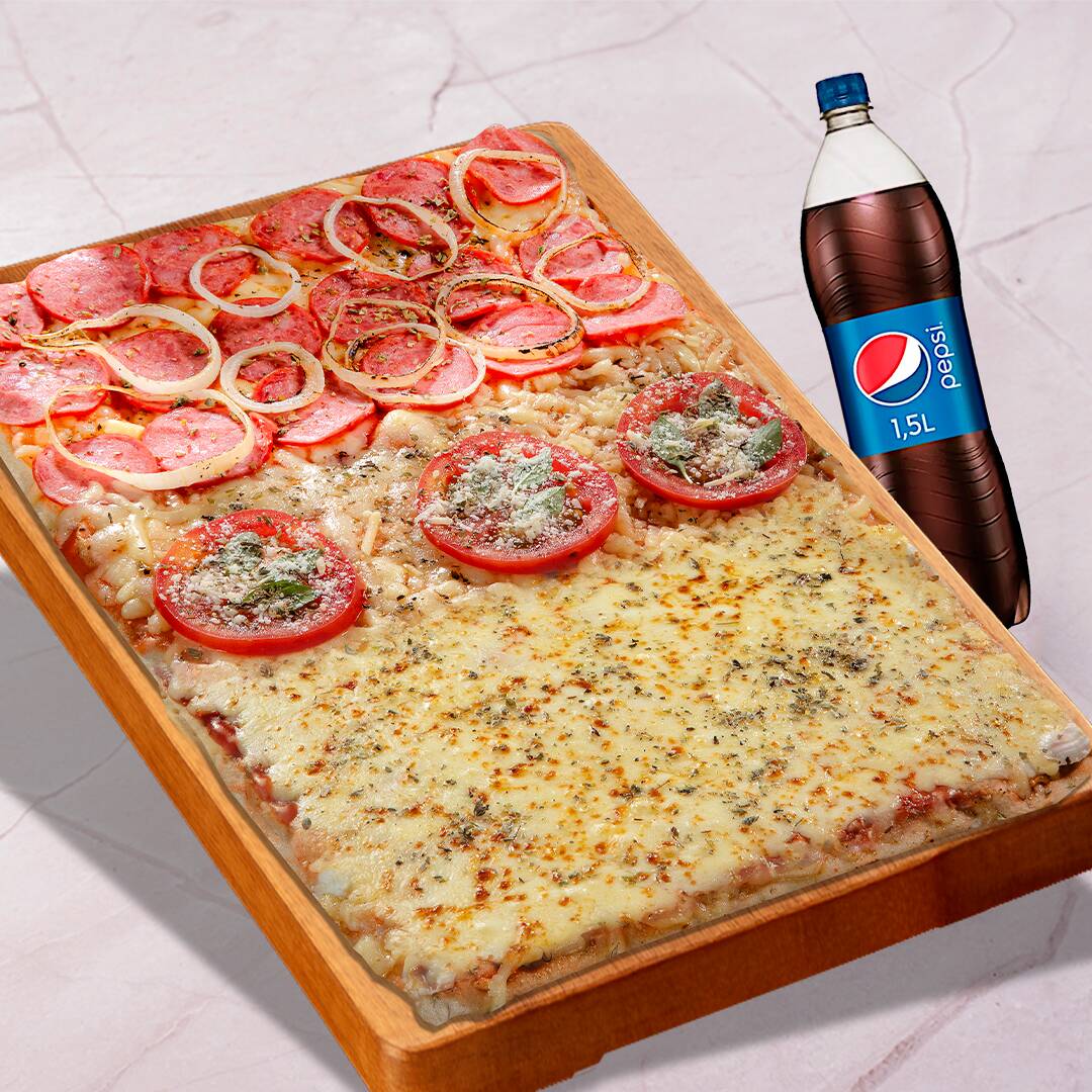 Pizza grande com três sabores irresistíveis: calabresa — molho de tomate da casa, queijo mussarela derretido, deliciosa calabresa Frimesa fatiada, cebola fresquinha e um toque de orégano; mussarela - Molho de tomate da casa, queijo mussarela derretido e um toque de orégano. ; e Marguerita - Molho de tomate da casa, queijo mussarela derretido, tomate e manjericão frescos, parmesão ralado e um toque de orégano.