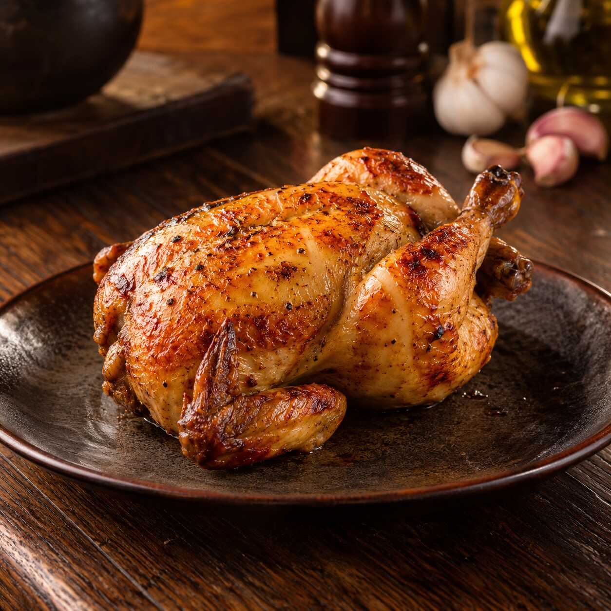 Delicioso frango assado tamanho galeto, douradinho por fora, suculento por dentro e temperado na medida certa. Perfeito para matar a fome com muito sabor!