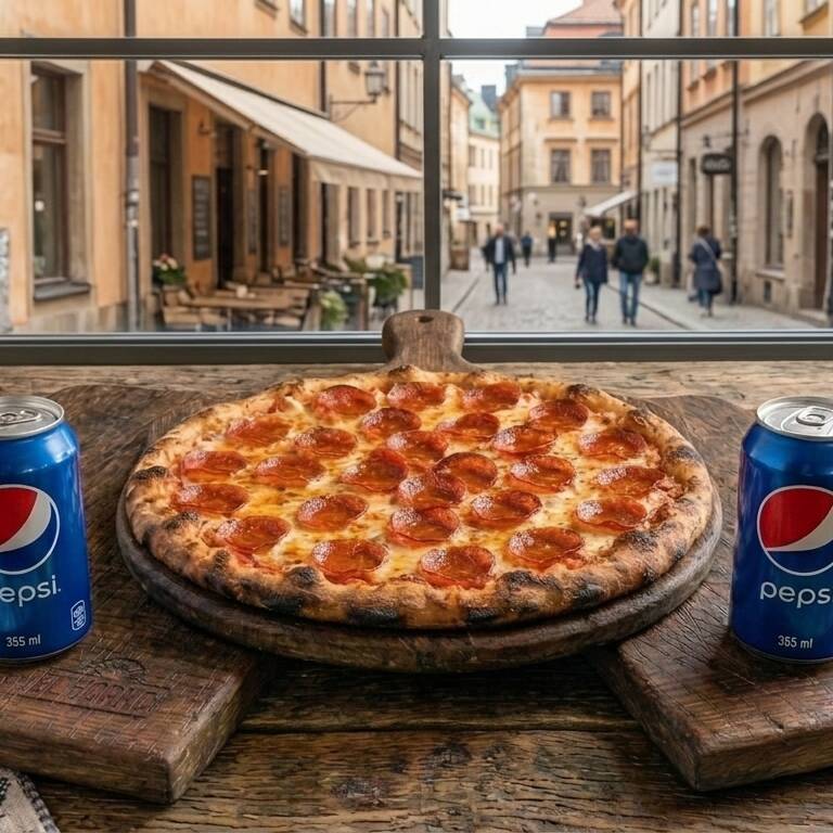 Pizza de pepperoni con 2 pepsis de lata.