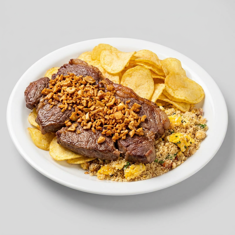 Arroz mexido com ovos, Farofa, Batata Frita