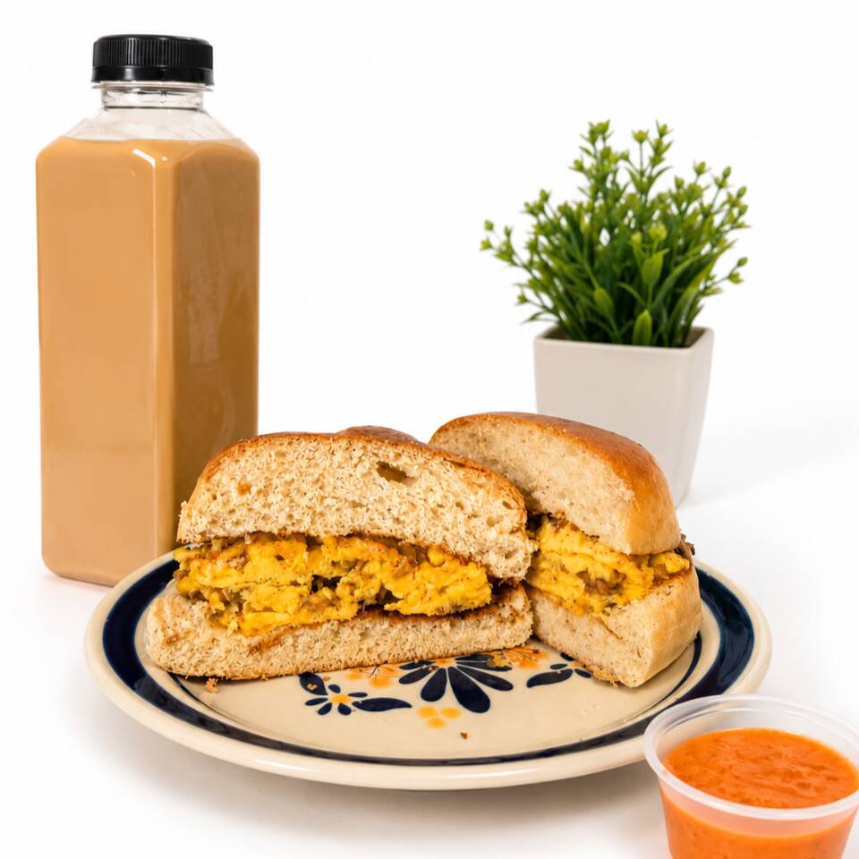 Bisquet Huevo con Machaca + Latte de Vainilla