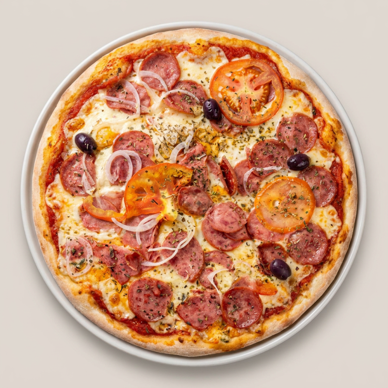 Molho de tomate, queijo mussarela, calabresa, cebola, tomate, azeitona e orégano