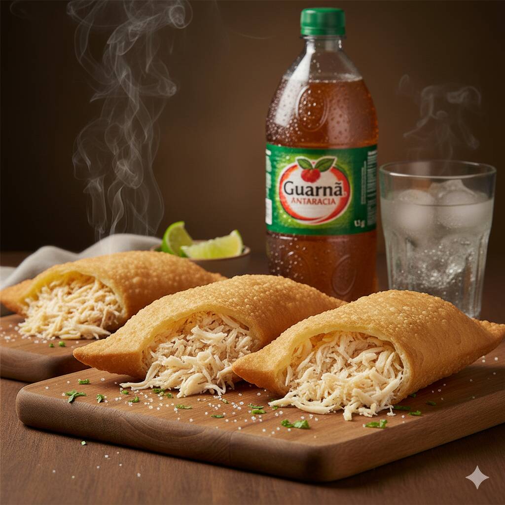 Um crocante e saboroso pastel recheado com Frango Desfiado, Milho e Catupiry. Nossa massa é de 22cm.  Nossa promoção no combo três pastéis frango caipira ganhe um Refri 1,5 litros Guaraná Antártica Grátis !!   Caso não queira algum ingrediente basta informar no campo observação.