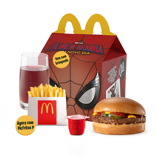 O McLanche Feliz acompanha sanduíche hambúrguer com tomatinho ou McFritas como acompanhamento, uma refrescante bebida e Petit Suisse do Méqui como sobremesa. Brinquedo sujeito a disponibilidade de estoque por restaurante. Confira informações nutricionais em: mcdonalds.com.br/cardapio/ mclanche-feliz. Imagem Meramente Ilustrativa.
