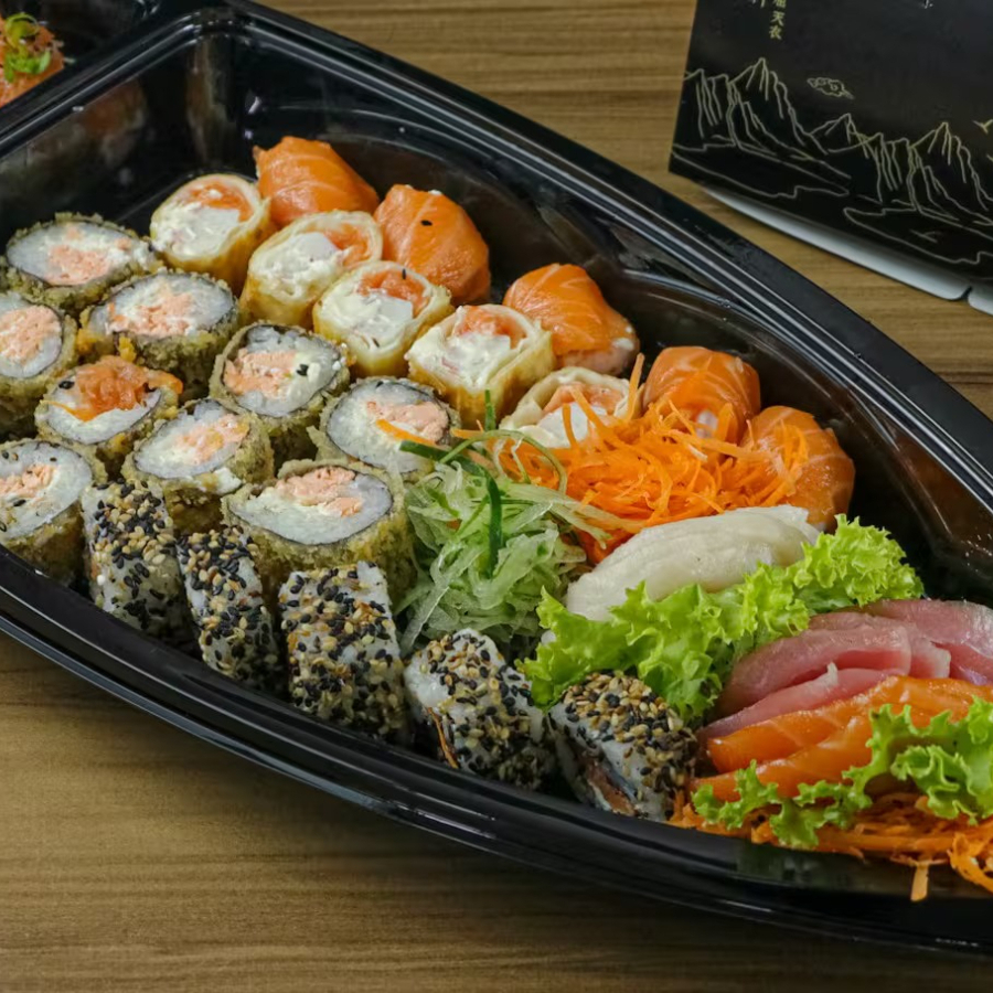 5 Uramaki Salmão, 4 Sashimi Salmão, 4 Sashimi Atum, 3 Sashimi Peixe Branco, 2 Joy Joy Salmão, 2 Ebi Joy Salmão, 5 Ebi Dragon Salmão, 10 Carioca De Salmão, 5 Hot Roll Especial (Sem Arroz)