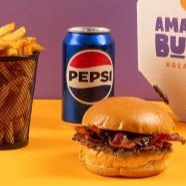 Pão Brioche , Carne 90 gramas, queijo cheddar, Bacon Fatiado , cebola caramelizada e molho amassadinho + batata frita + Pepsi lata 350 ml