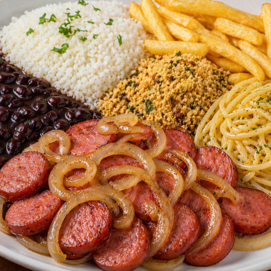 Calabresa fatiada e acebolada, preparada na chapa.
Acompanha: arroz branco, feijão, macarrão, farofa e batata frita ou salada verde (à escolha do cliente).
Observação: Caso prefira salada verde no lugar da batata frita, informe nas observações do pedido.